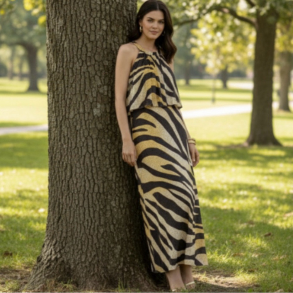 Chico’s Golden Zebra Print Maxi Dress Size 1